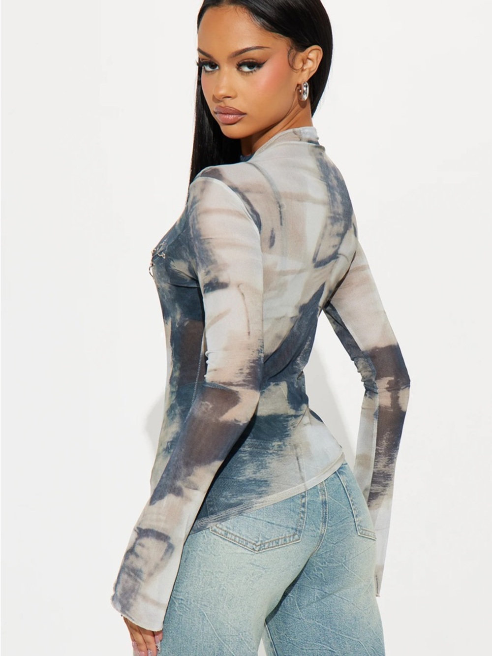 Long Sleeve Sheer Abstract Print Top in Blue-Grey - Picture 2 of 3